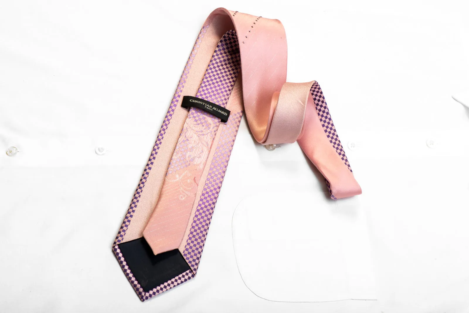 Christian Aujard Rhinestone Silk Tie Purple Checkered Scrolls On Pink