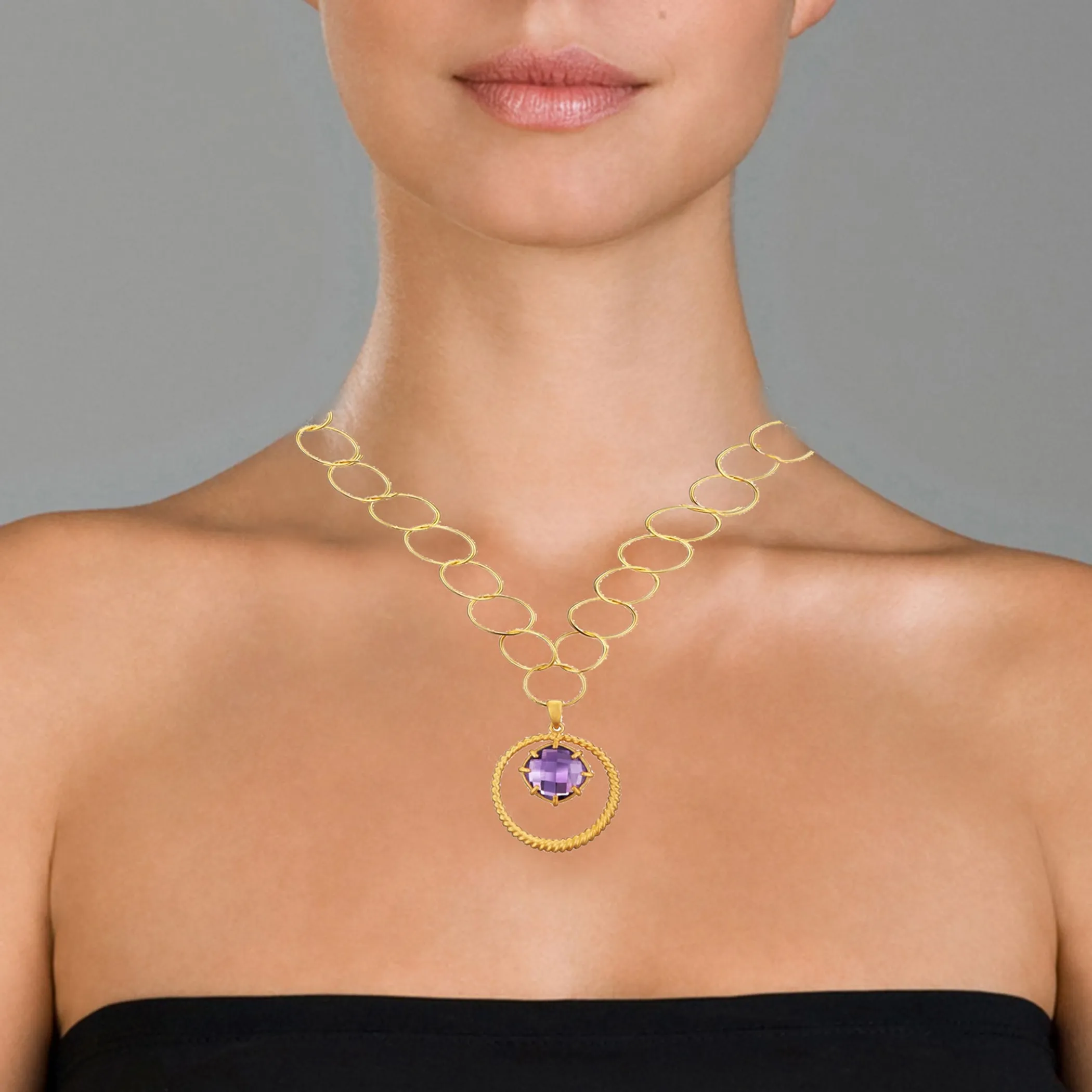 Collette Z Rose-plated Silver Created Purple Quartz Round Link Necklace