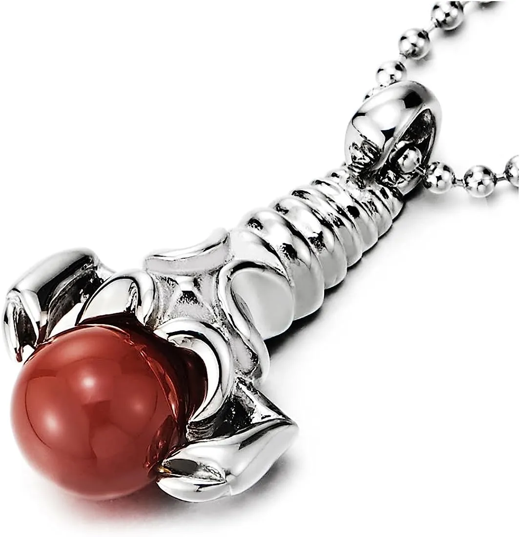 COOLSTEELANDBEYOND Scorpion King Necklace Pendant with Red Bead Ball, Stainless Steel Necklace for Men and Women