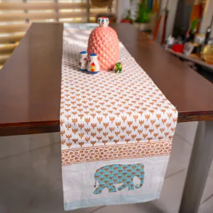 Cotton Dining Table Runner | Hand Block | Elephant Printed | Peach