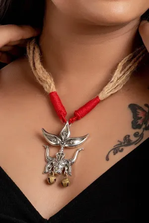 Designer Devi Pendant Necklace with Brass Ghungroo and Adjustable Red Beige Jute Dori