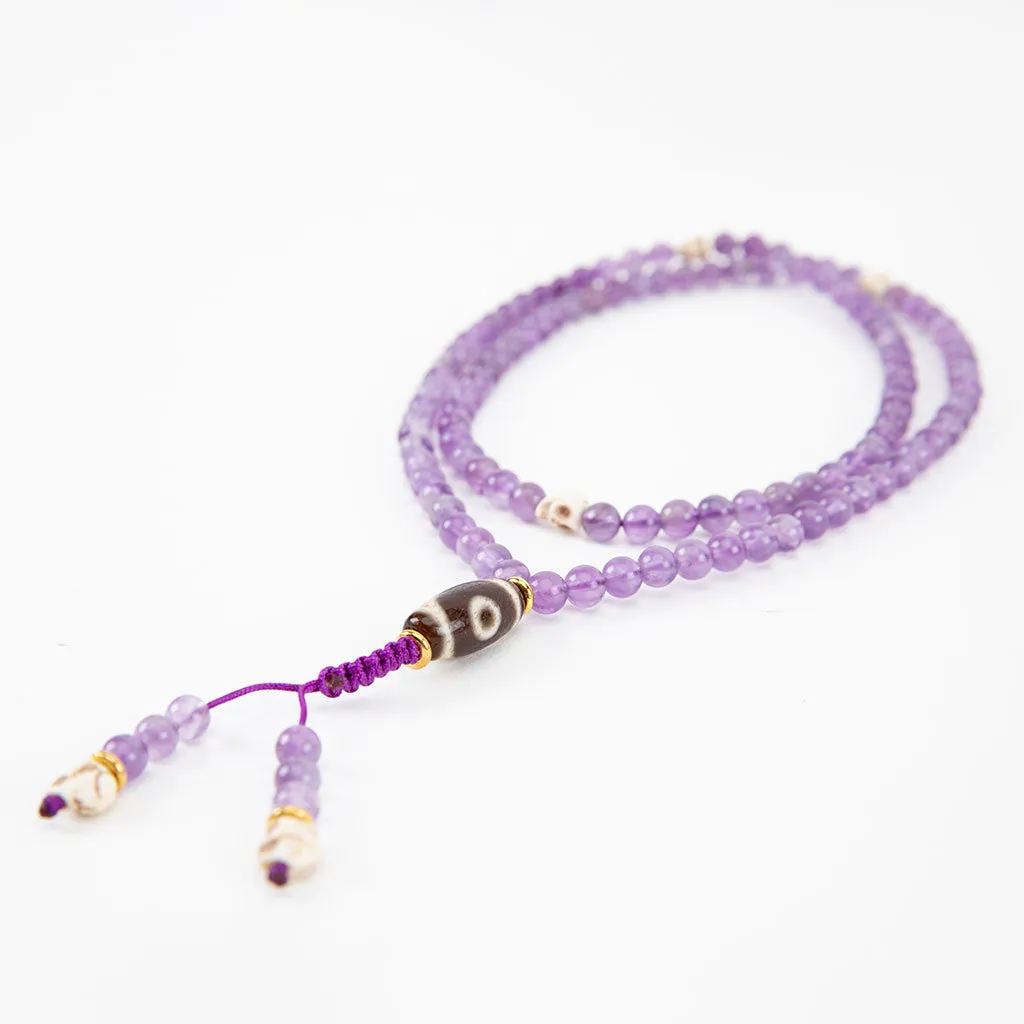 Dzi, Skull & Amethyst Mala Necklace