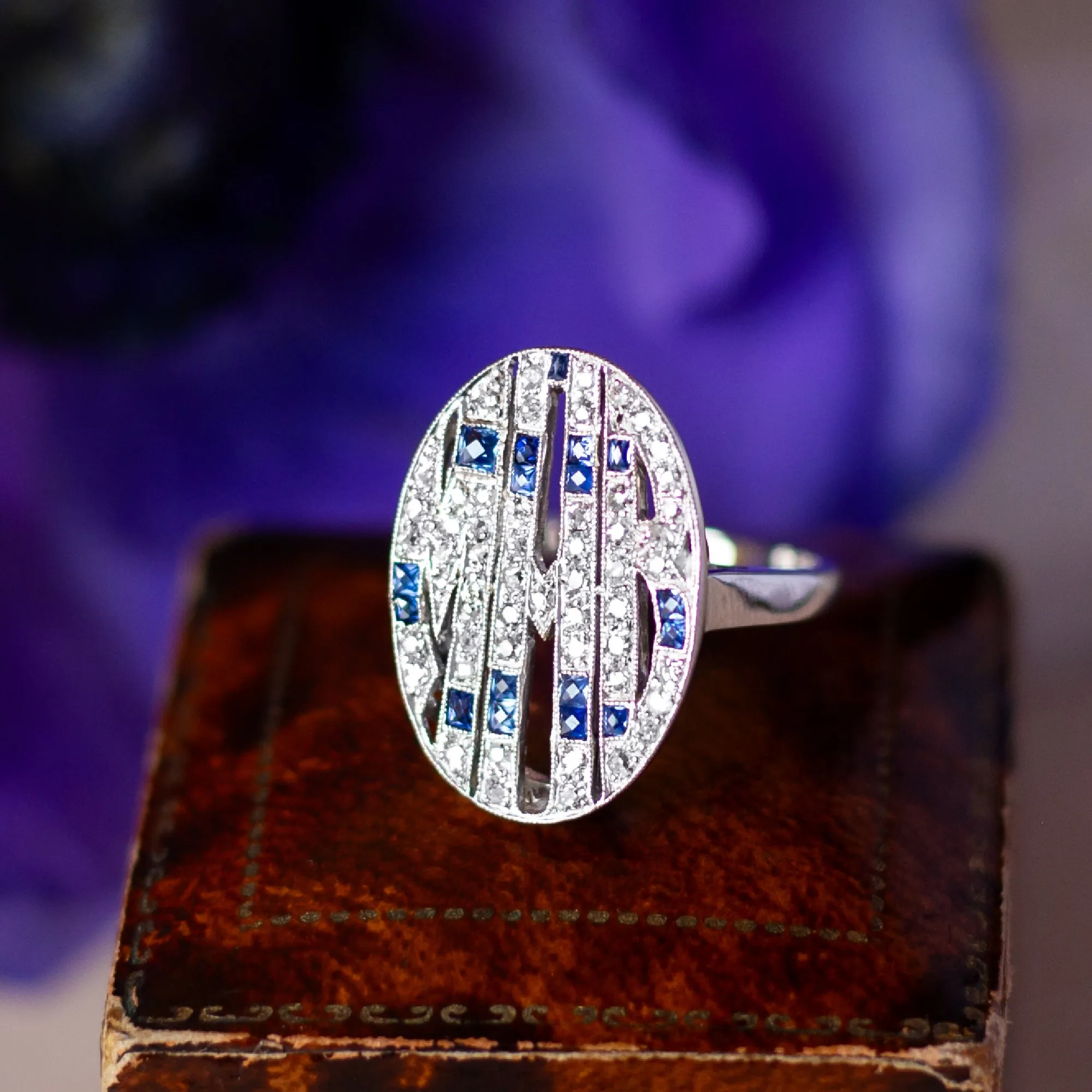 Estate 14K White Gold Diamond and Sapphire Monogram Ring