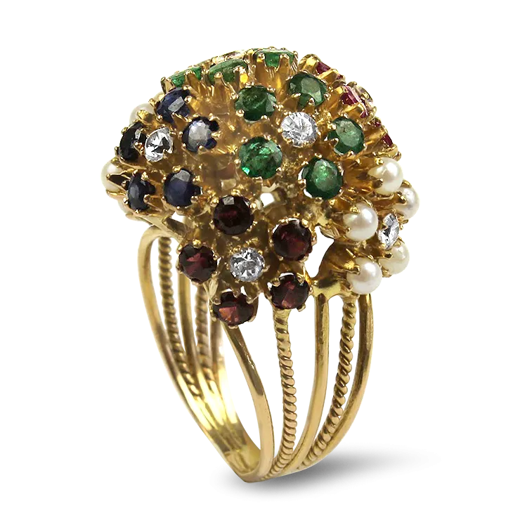 Estate 14k Yellow Gold Multi-Stone Floral Ring