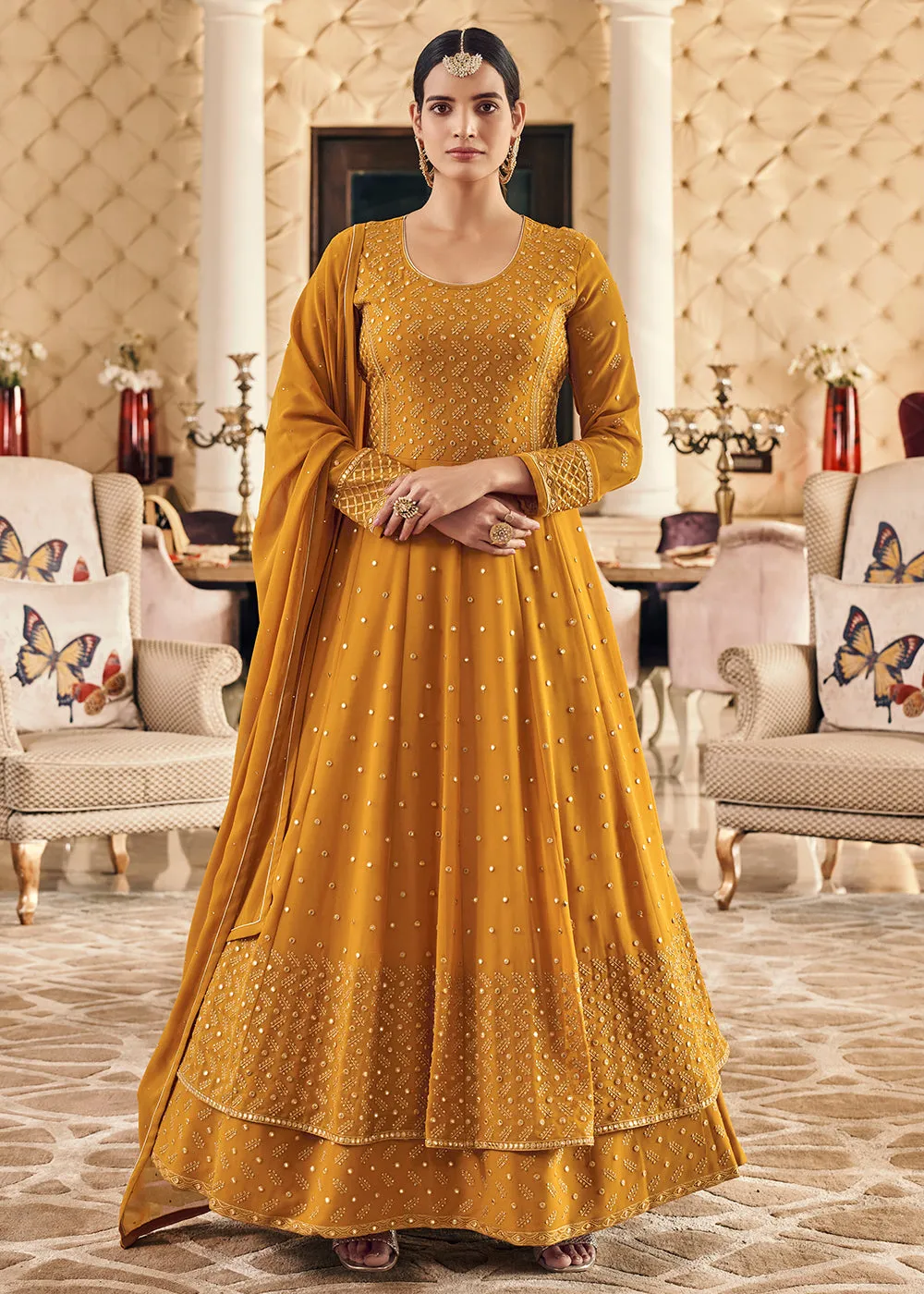 Festive Embroidered Yellow Elegant Georgette Anarkali Suit