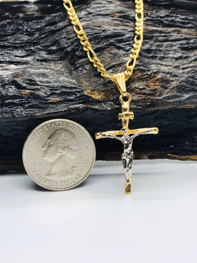 Figaro Link Cross Necklace For Men or Women Gold Filled 33x18mm in Gold Filled / Crucifix Necklace for Mens Womens / Cadena con Dije de Cruz Oro Laminado