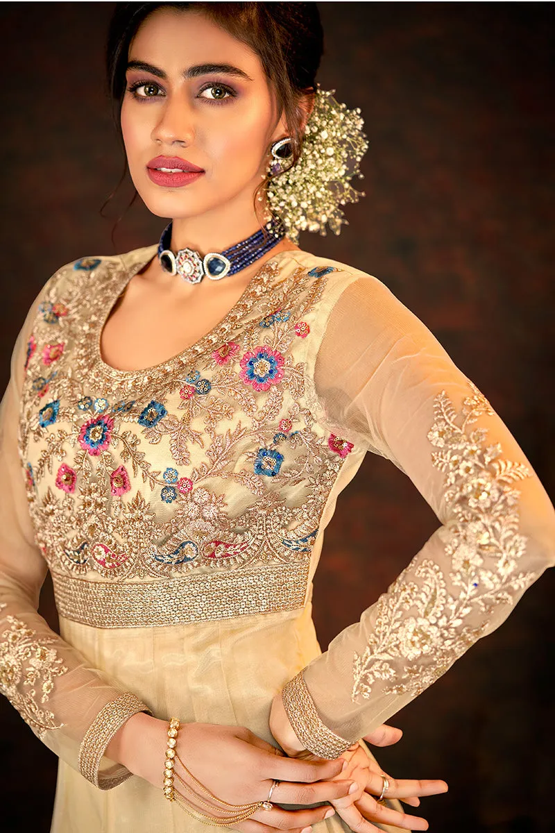 Floral Embroidered Beige Designer Wedding Anarkali Suit