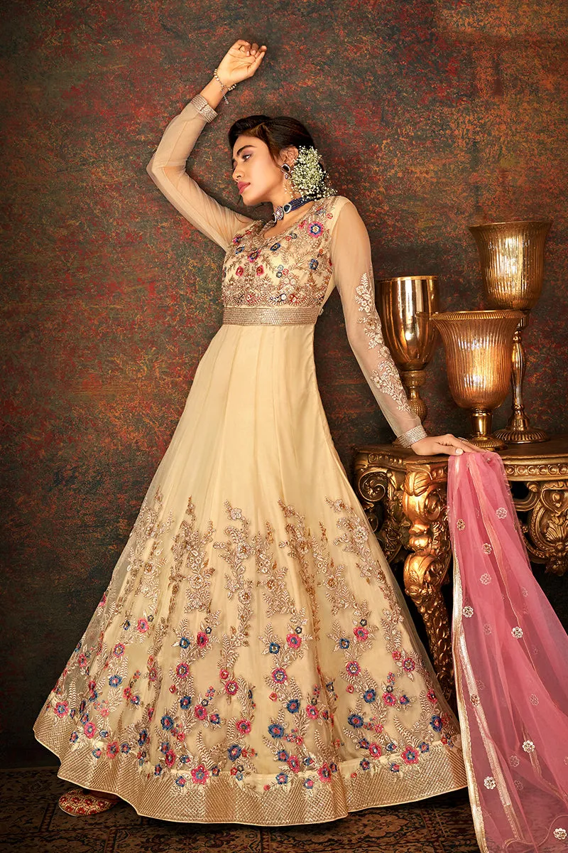 Floral Embroidered Beige Designer Wedding Anarkali Suit