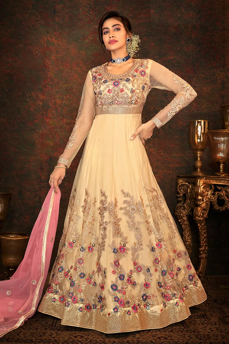 Floral Embroidered Beige Designer Wedding Anarkali Suit