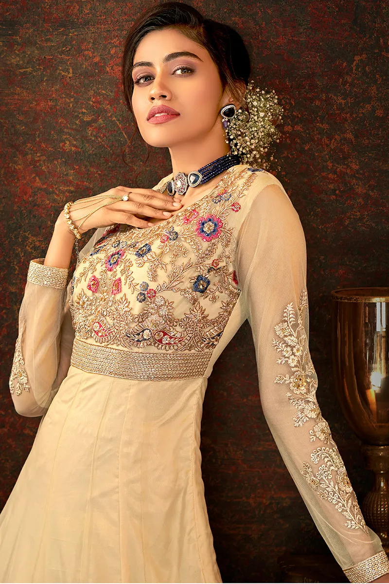 Floral Embroidered Beige Designer Wedding Anarkali Suit