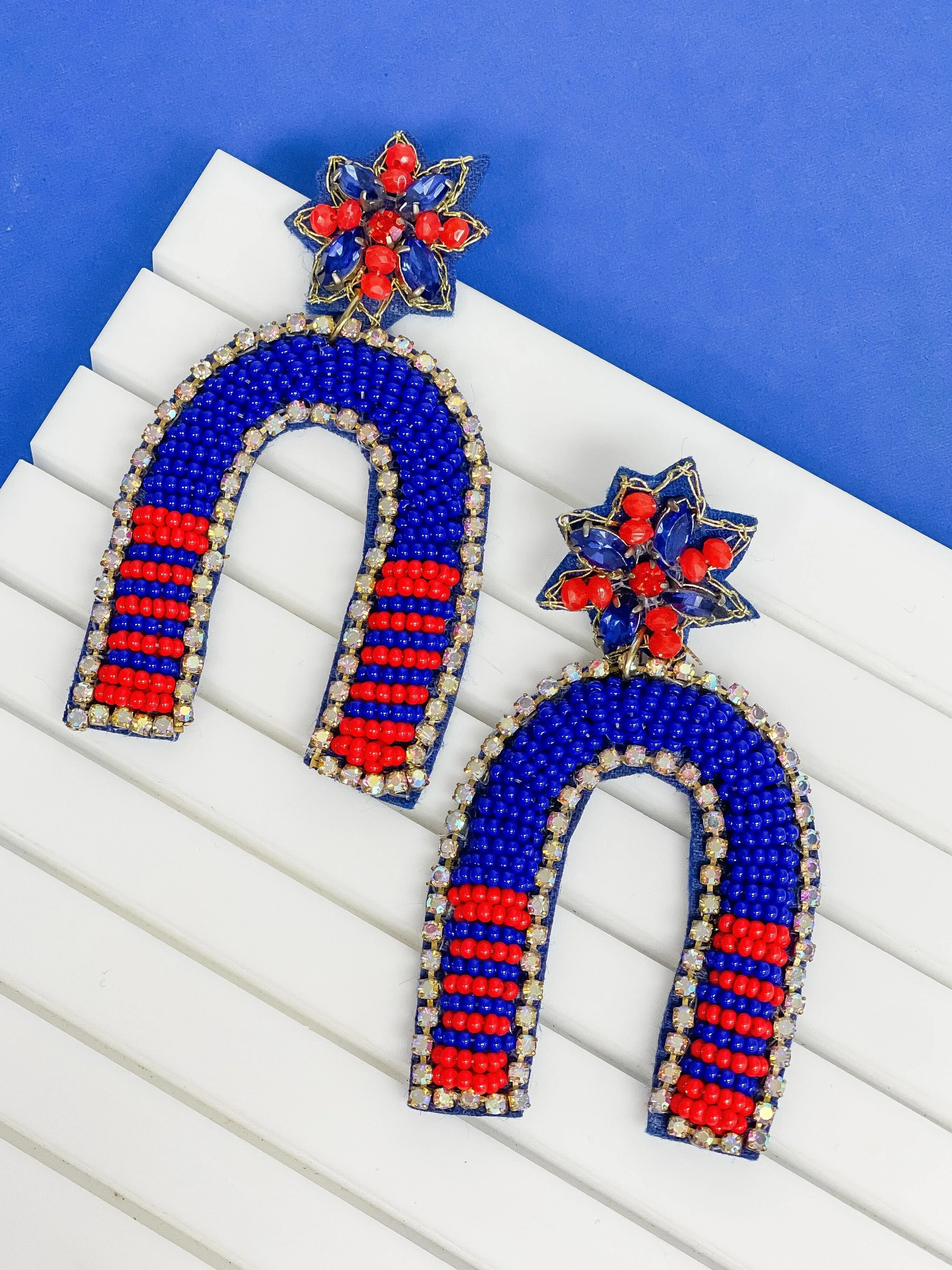 Game Day Beaded Arch Dangle Earrings - Blue & Red