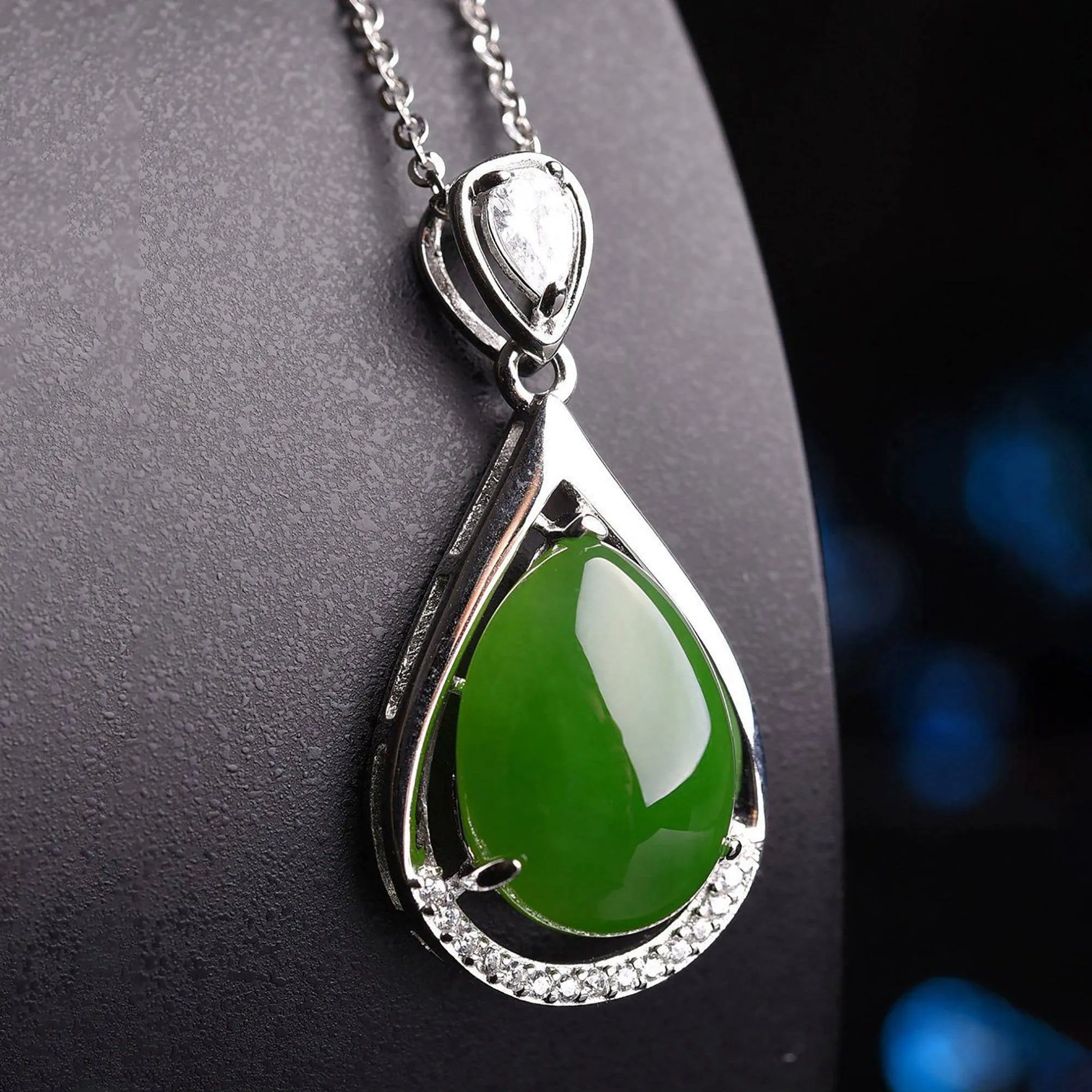 Genuine Green Nephrite Jade Tear Drop Pendant Necklace With CZ