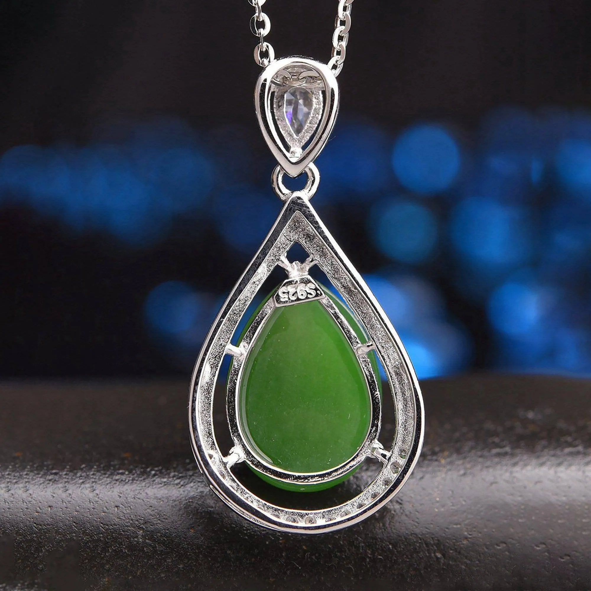 Genuine Green Nephrite Jade Tear Drop Pendant Necklace With CZ