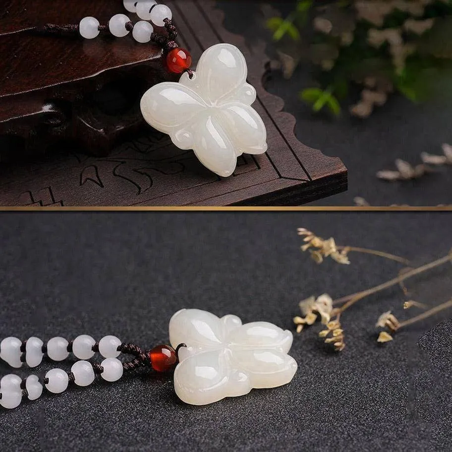 Genuine White Nephrite Jade Butterfly Pendant Necklace