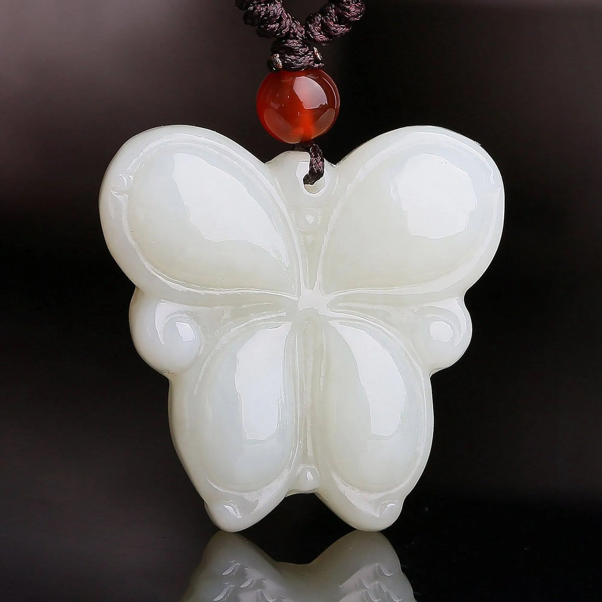 Genuine White Nephrite Jade Butterfly Pendant Necklace