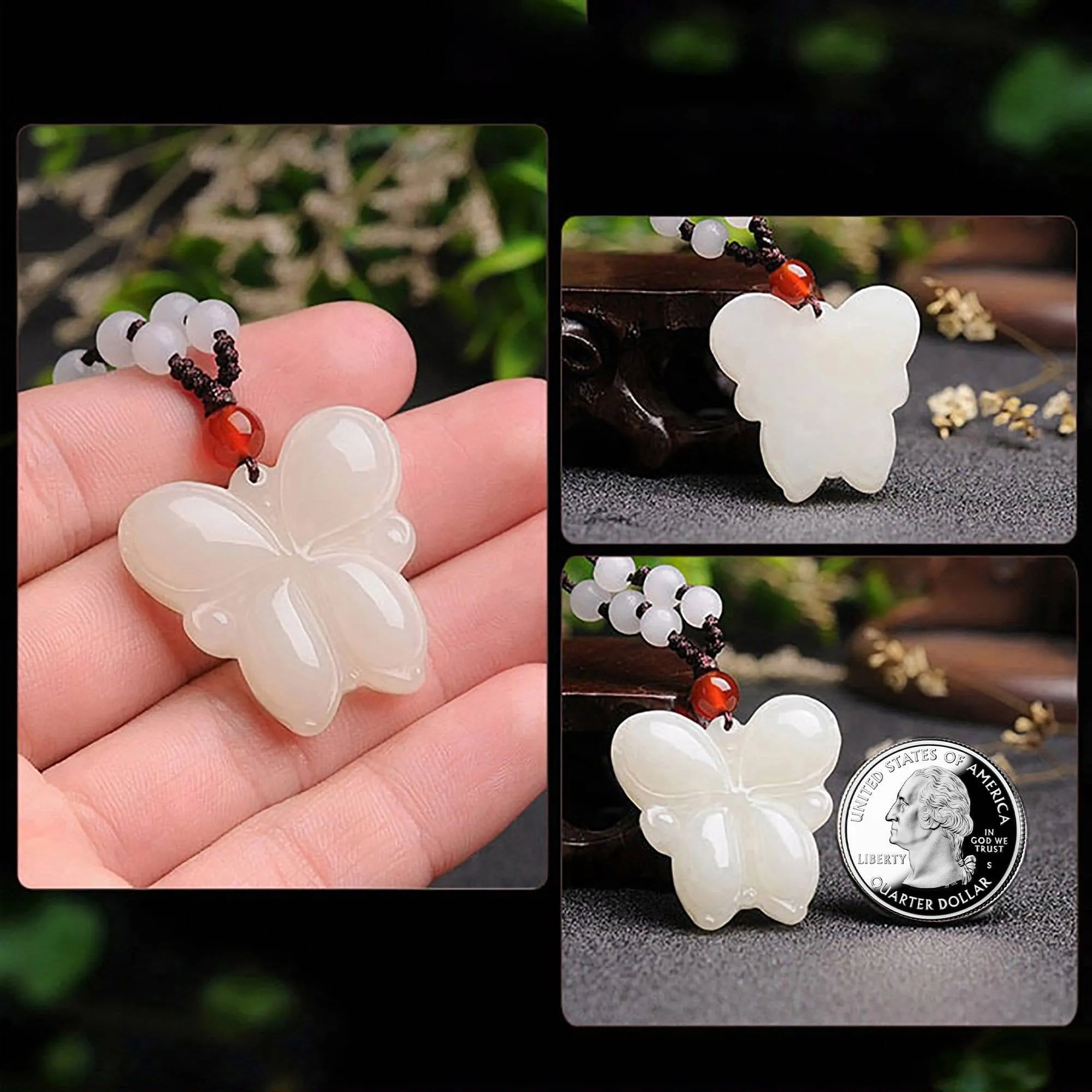 Genuine White Nephrite Jade Butterfly Pendant Necklace