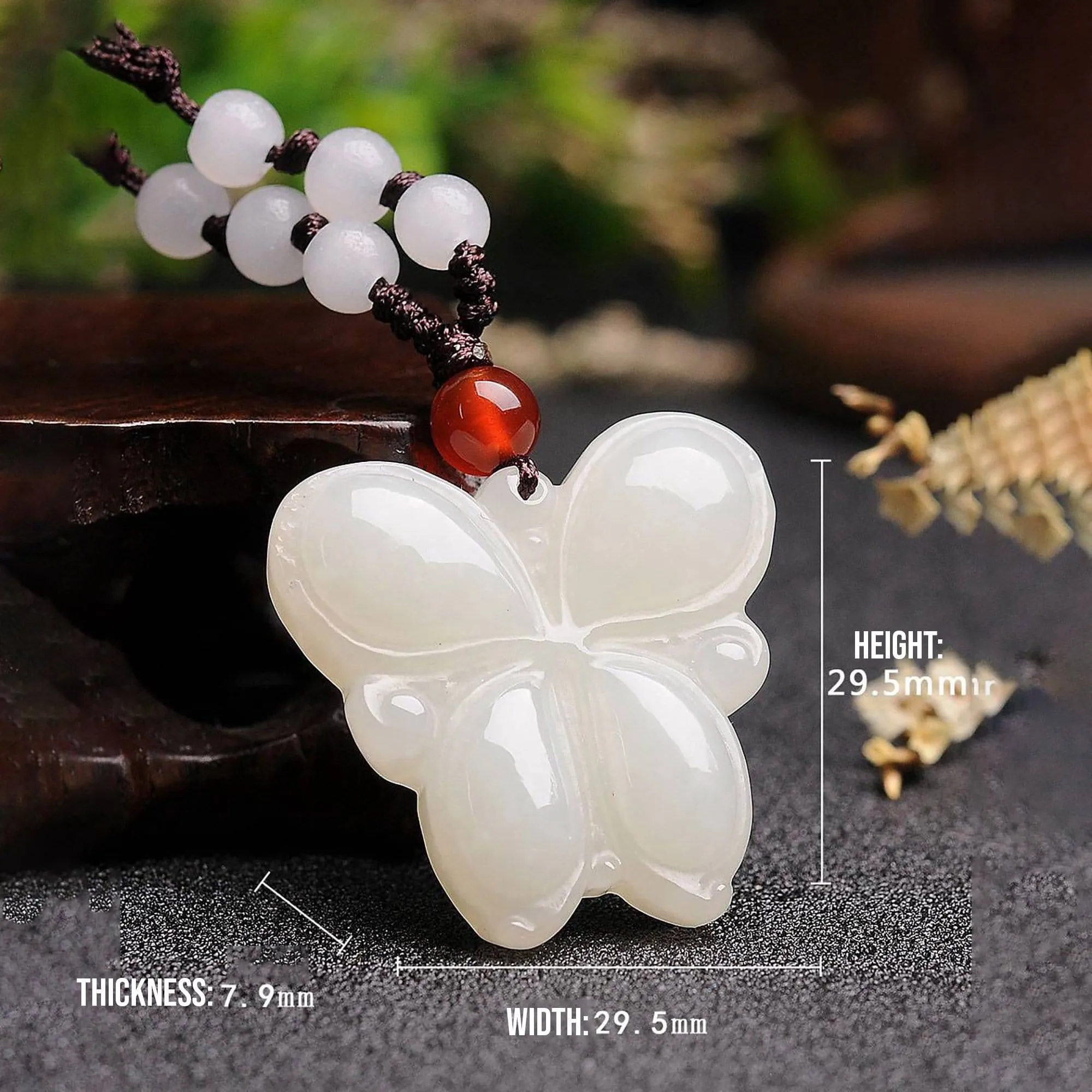 Genuine White Nephrite Jade Butterfly Pendant Necklace