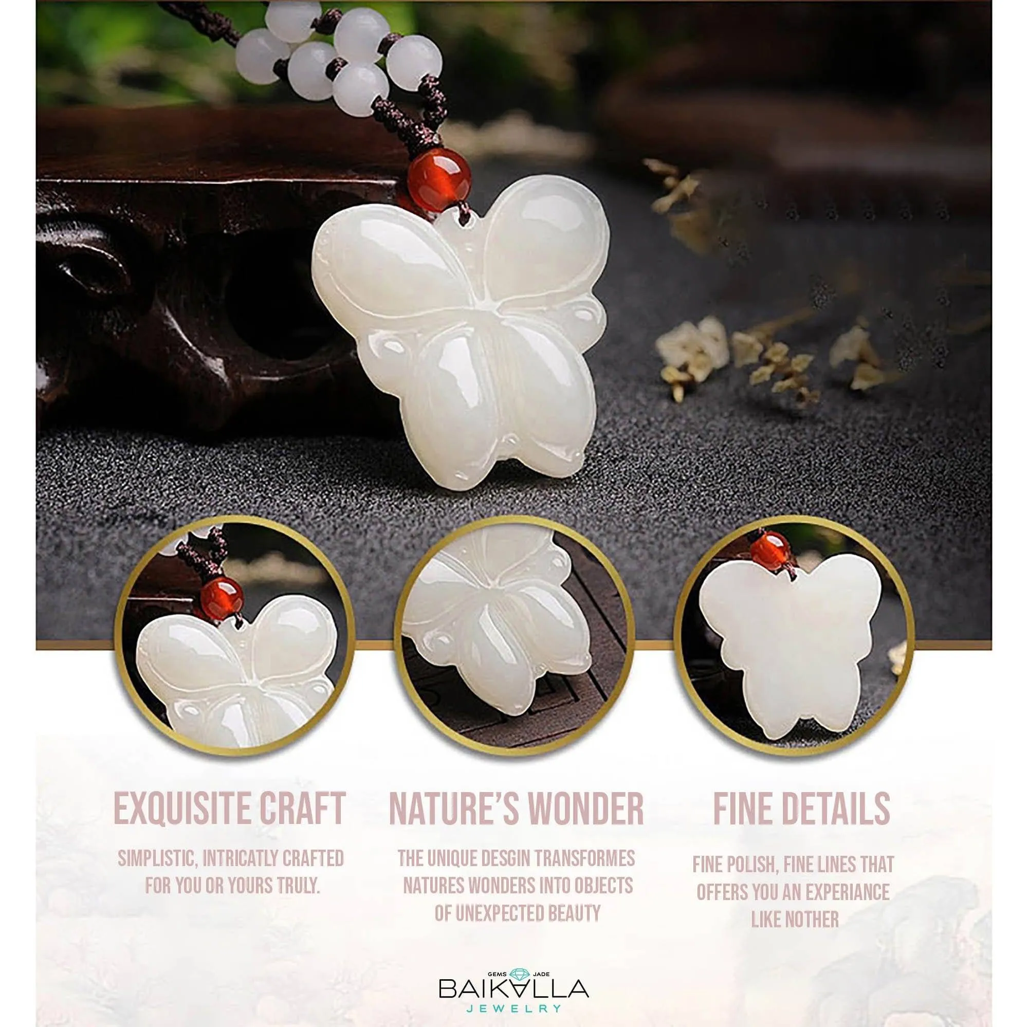 Genuine White Nephrite Jade Butterfly Pendant Necklace