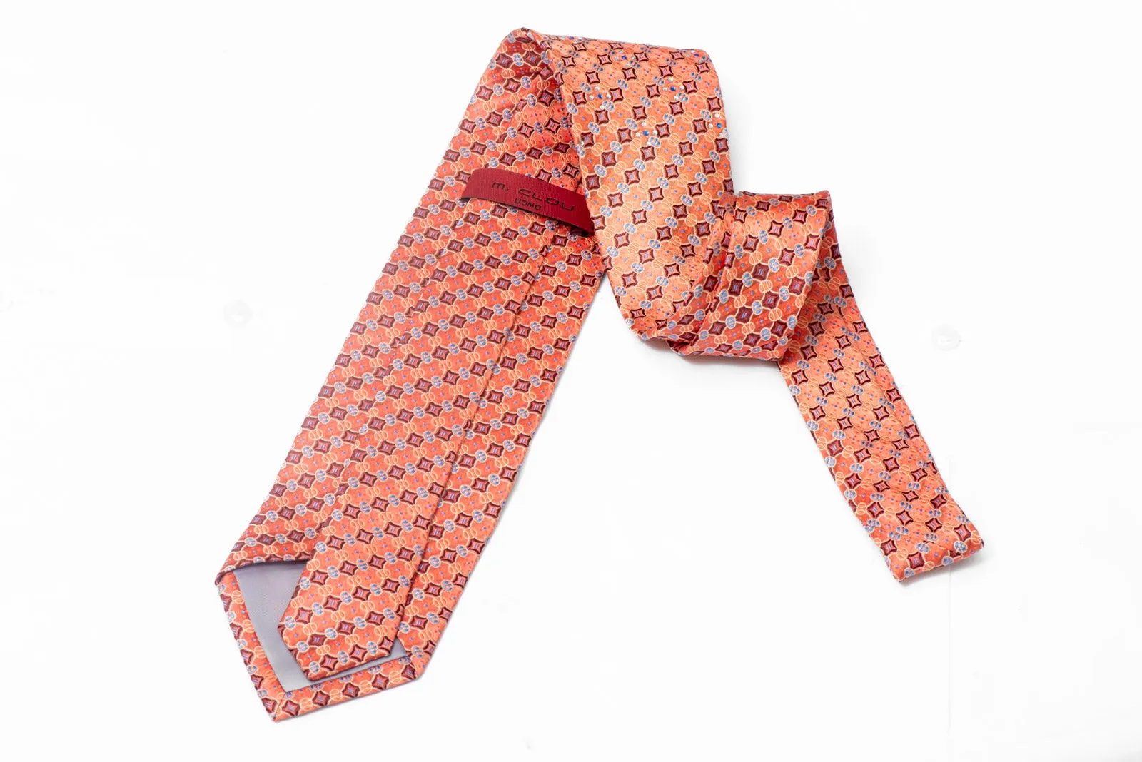 Geometric On Peach Pink Orange Rhinestone Silk Tie