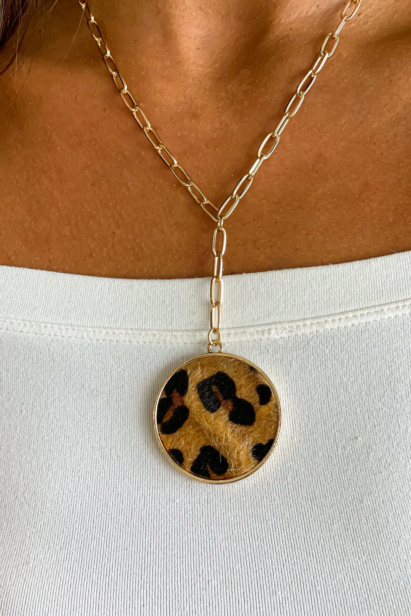 Gold and Brown Round Animal Print Pendant Necklace