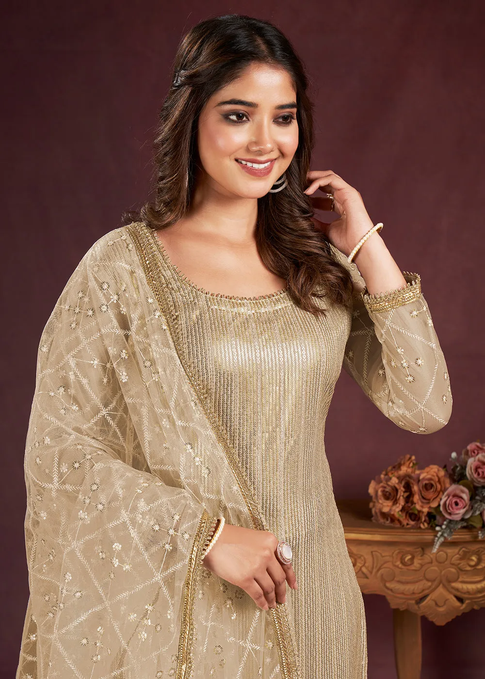 Gold Beige Butterfly Net Embroidered Festive Salwar Suit