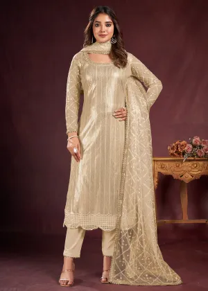 Gold Beige Butterfly Net Embroidered Festive Salwar Suit