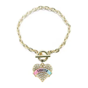 Gold Light Blue & Light Pink Ribbon Fighter Pave Heart Charm Toggle Bracelet