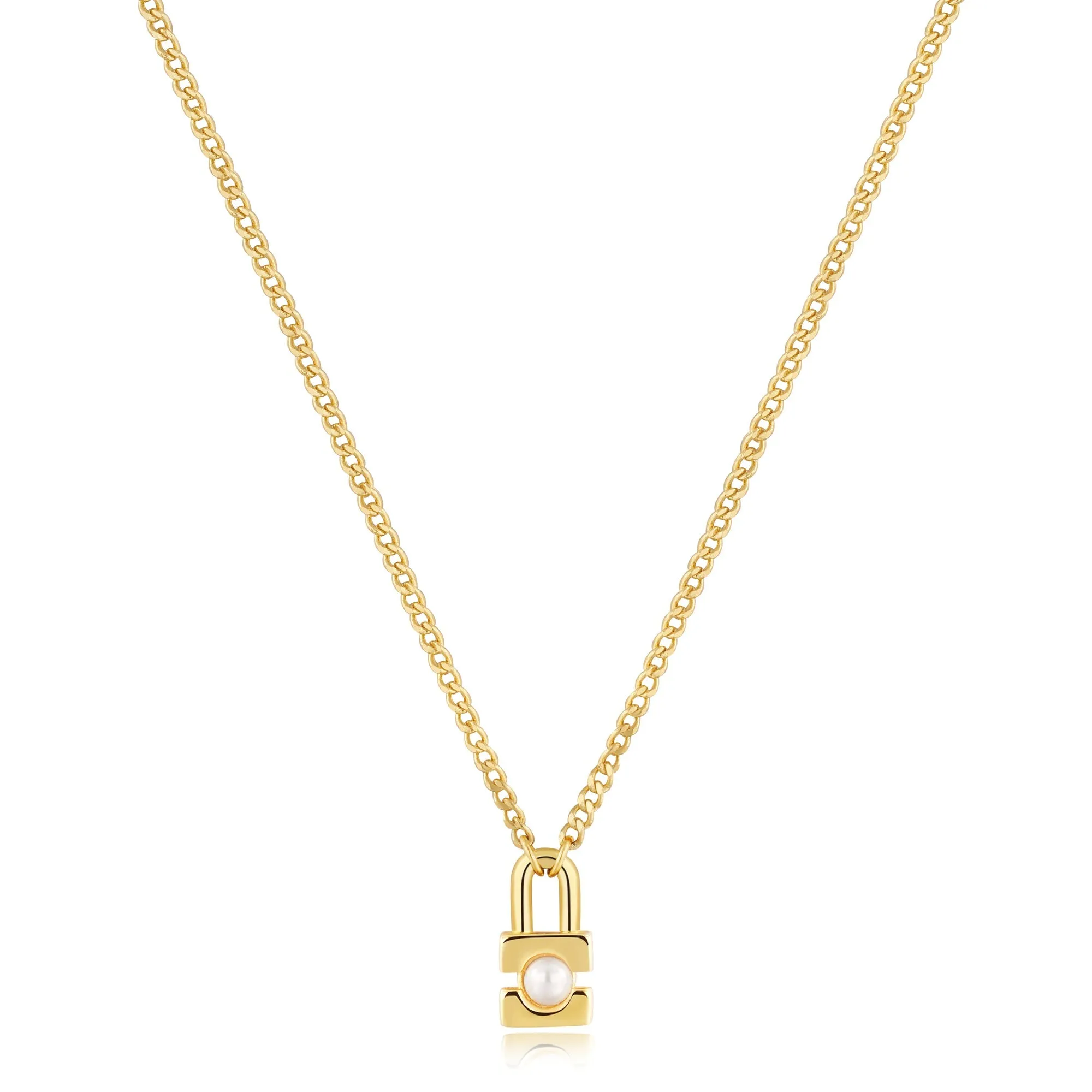 Gold Pearl Padlock Necklace