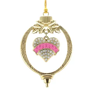 Gold Pink Ribbon Support Pave Heart Charm Holiday Ornament