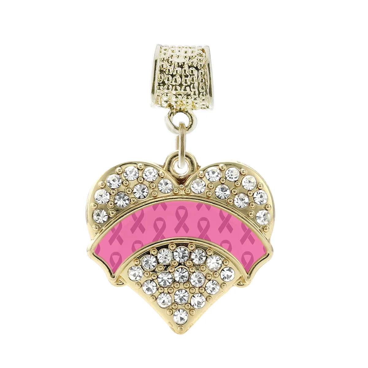 Gold Pink Ribbon Support Pave Heart Memory Charm