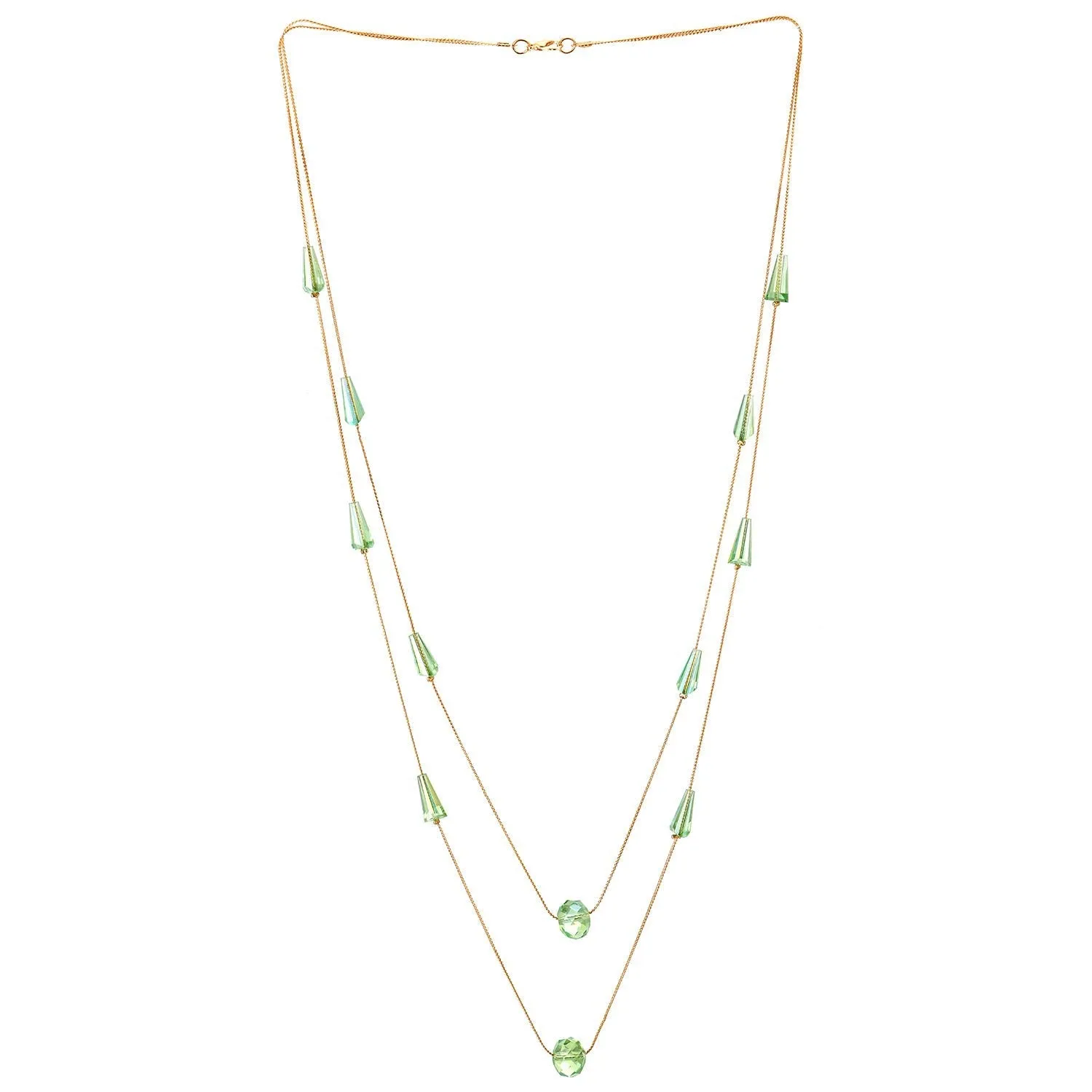 Gold Statement Necklace Two-Strand Long Chains with light Green Cone Crystal Beads Charms Pendant