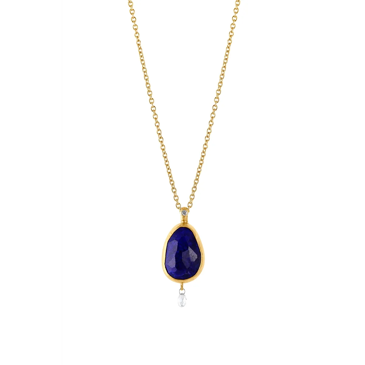 Gurhan One of a Kind 24K Yellow Gold Bezel Lapis and Diamond Dangle Pendant with 18K Bail and 22K Chain