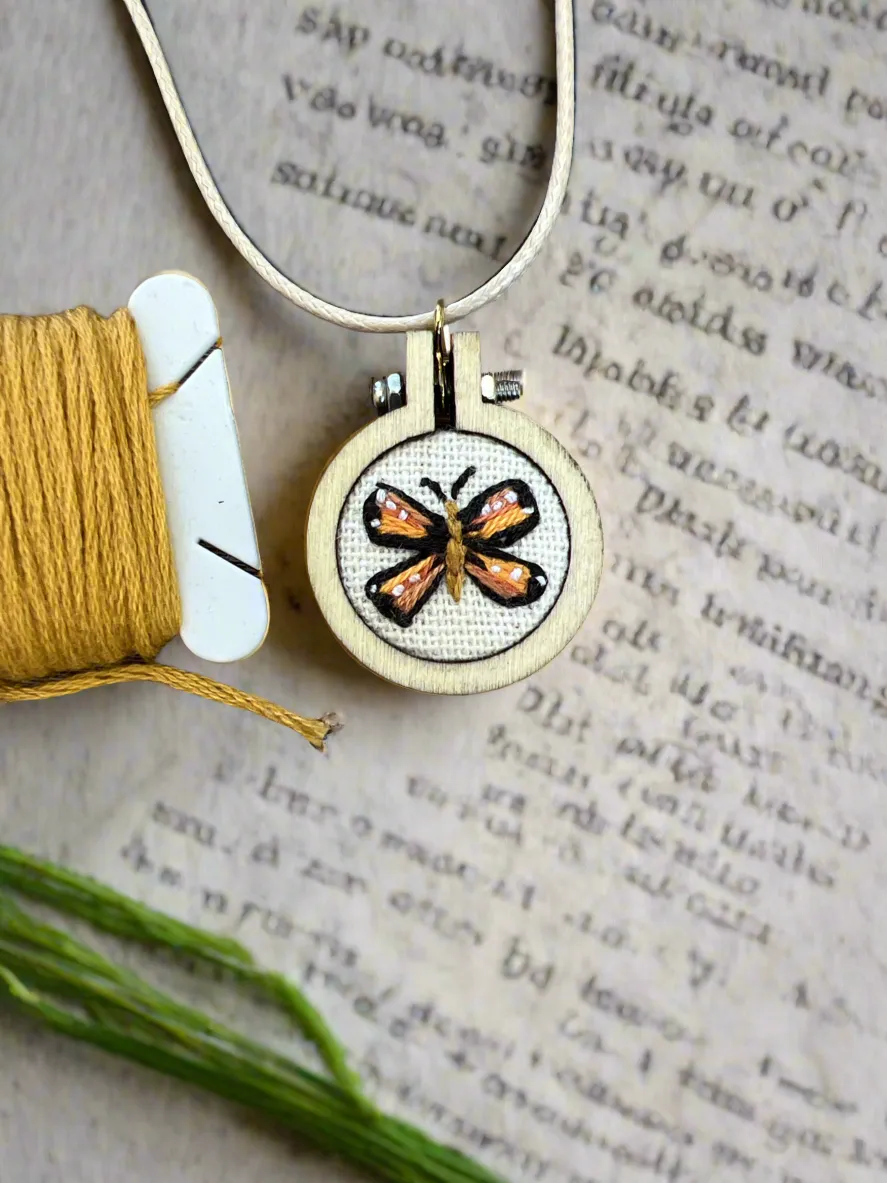 Hand-Embroidered Butterfly Necklace