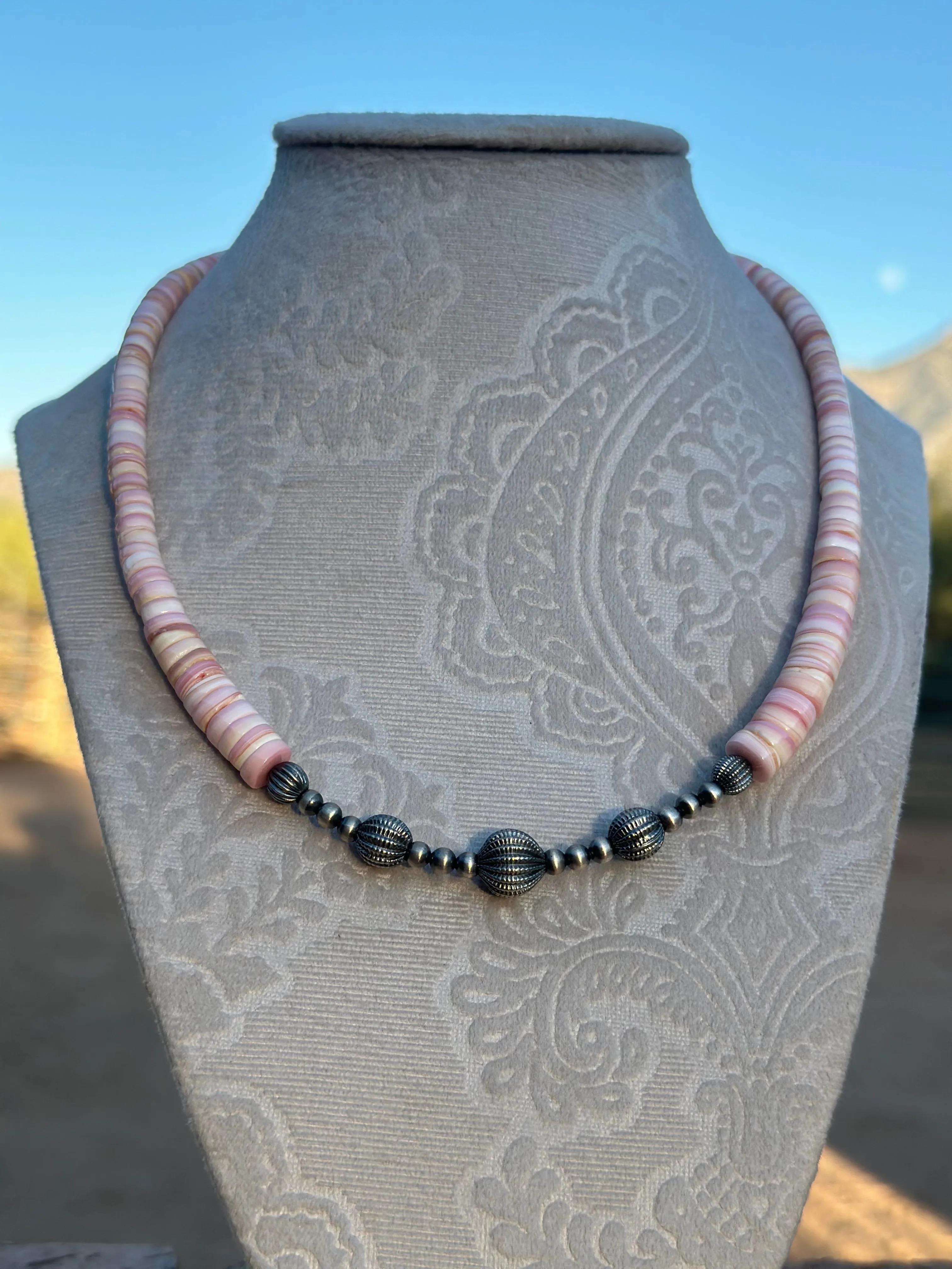 Handmade Pink Conch & Sterling Silver Beaded Necklace 18”-20” inch