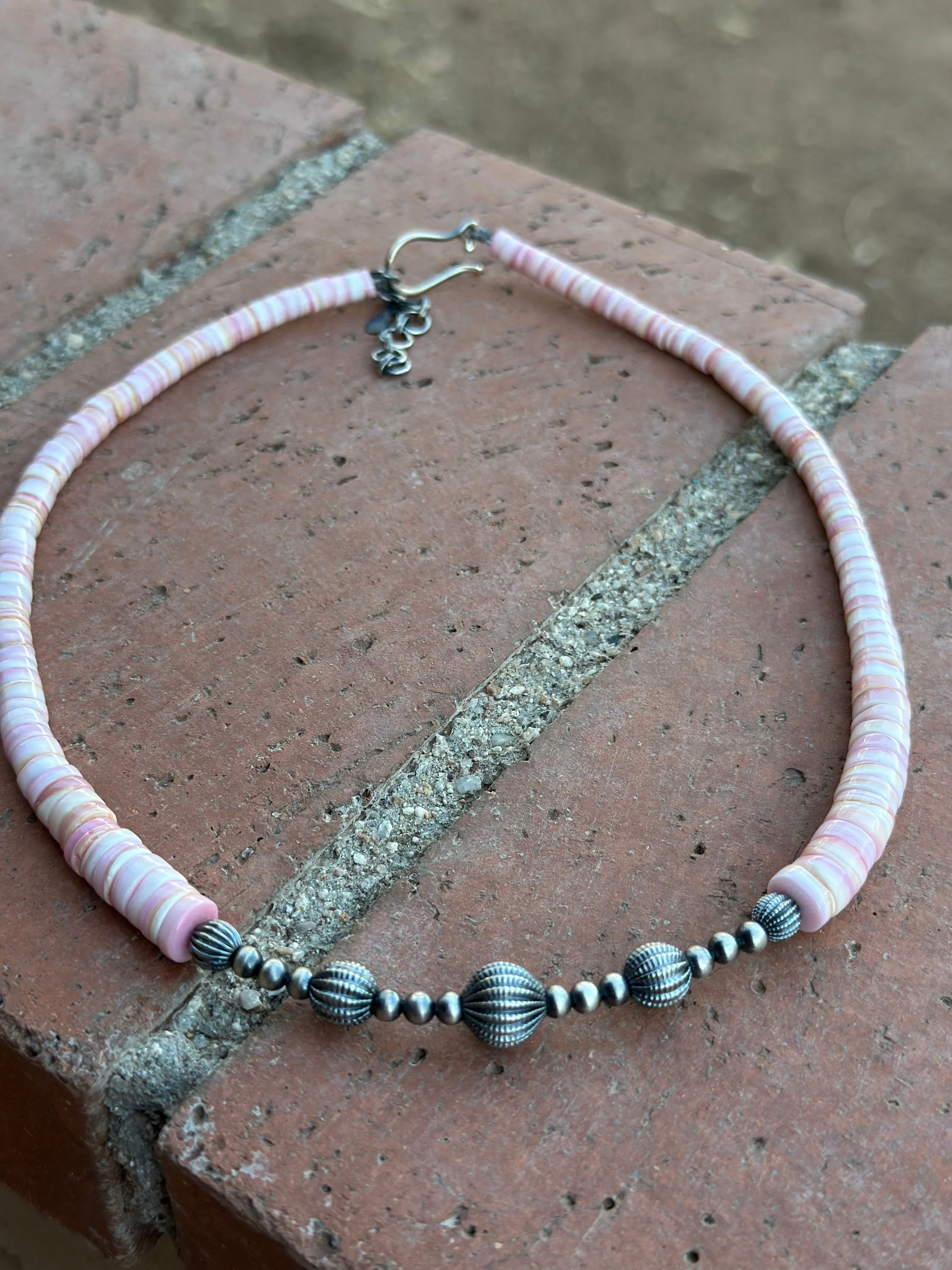 Handmade Pink Conch & Sterling Silver Beaded Necklace 18”-20” inch