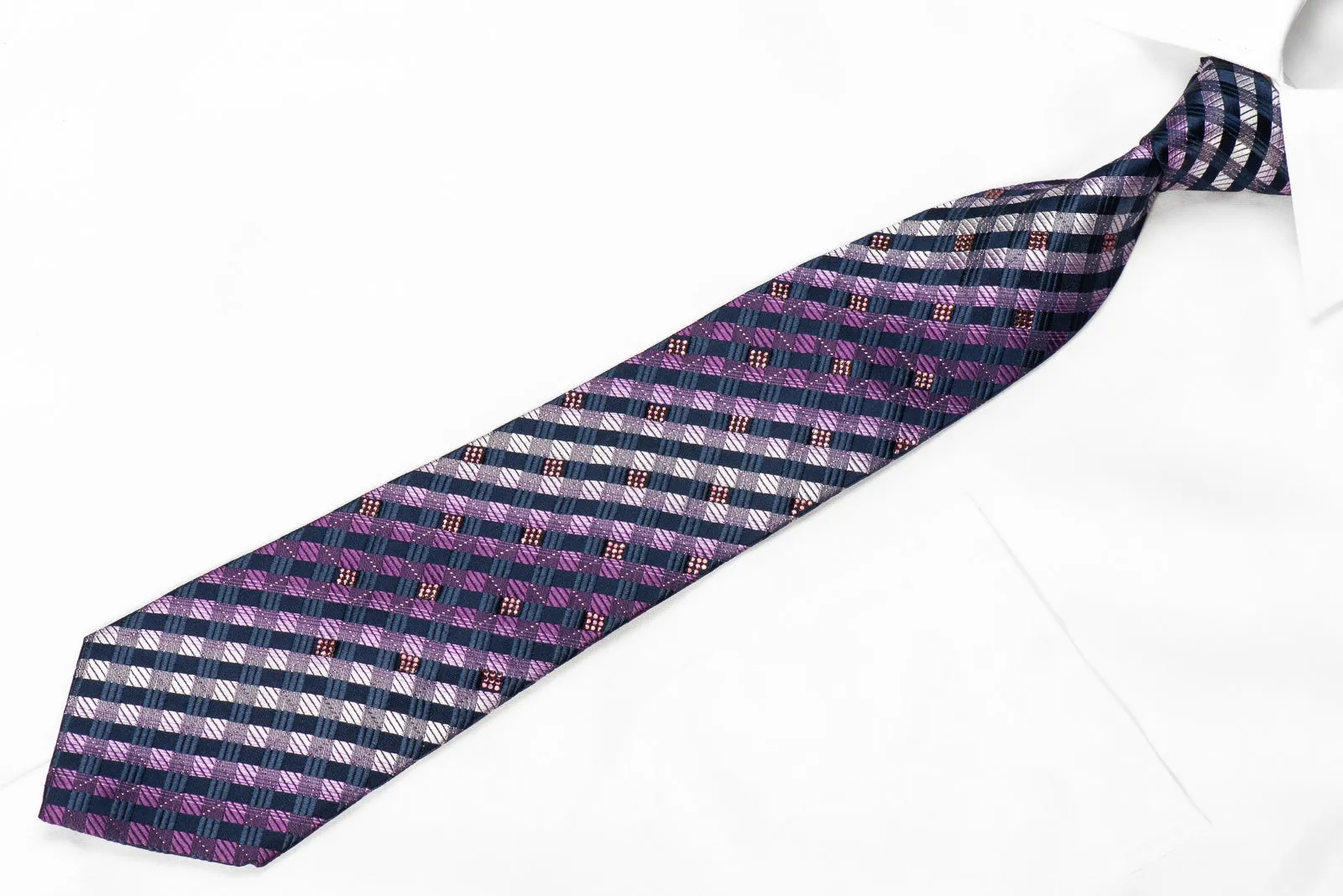 Indian Homme Men's Crystal Rhinestone Silk Necktie Purple Navy Checkered With Sparkles