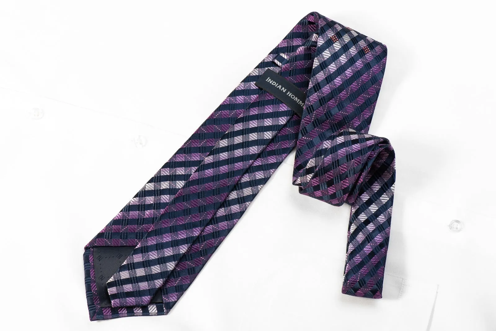 Indian Homme Men's Crystal Rhinestone Silk Necktie Purple Navy Checkered With Sparkles