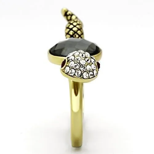 IP Gold(Ion Plating) Stainless Steel Ring with Synthetic Glass Bead in Black Diamond for Women Style TK1036