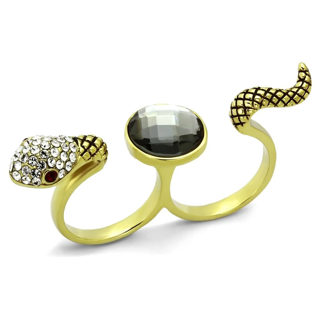 IP Gold(Ion Plating) Stainless Steel Ring with Synthetic Glass Bead in Black Diamond for Women Style TK1036