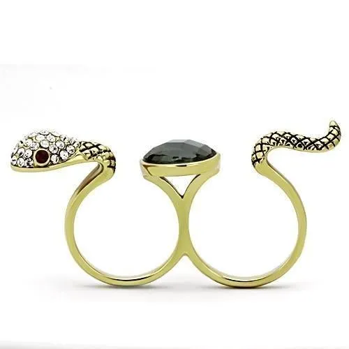 IP Gold(Ion Plating) Stainless Steel Ring with Synthetic Glass Bead in Black Diamond for Women Style TK1036