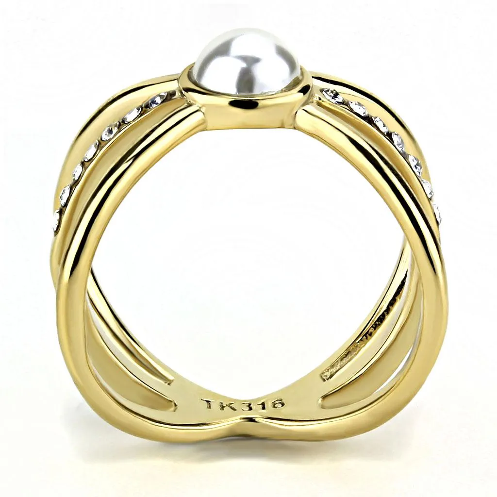 IP Gold(Ion Plating) Stainless Steel Ring with Synthetic Pearl in White for Women Style TK3522