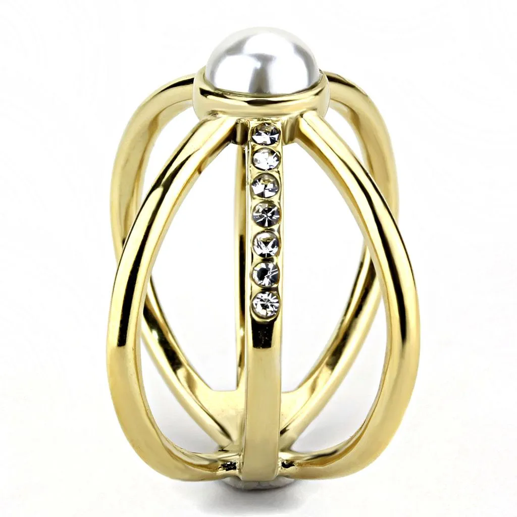 IP Gold(Ion Plating) Stainless Steel Ring with Synthetic Pearl in White for Women Style TK3522