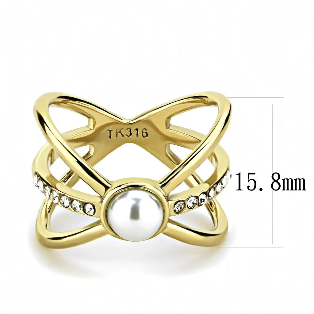 IP Gold(Ion Plating) Stainless Steel Ring with Synthetic Pearl in White for Women Style TK3522