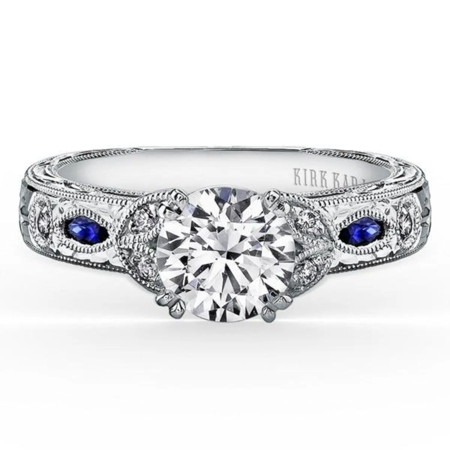 Kirk Kara "Dahlia" Marquise Shaped Blue Sapphire Diamond Engagement Ring