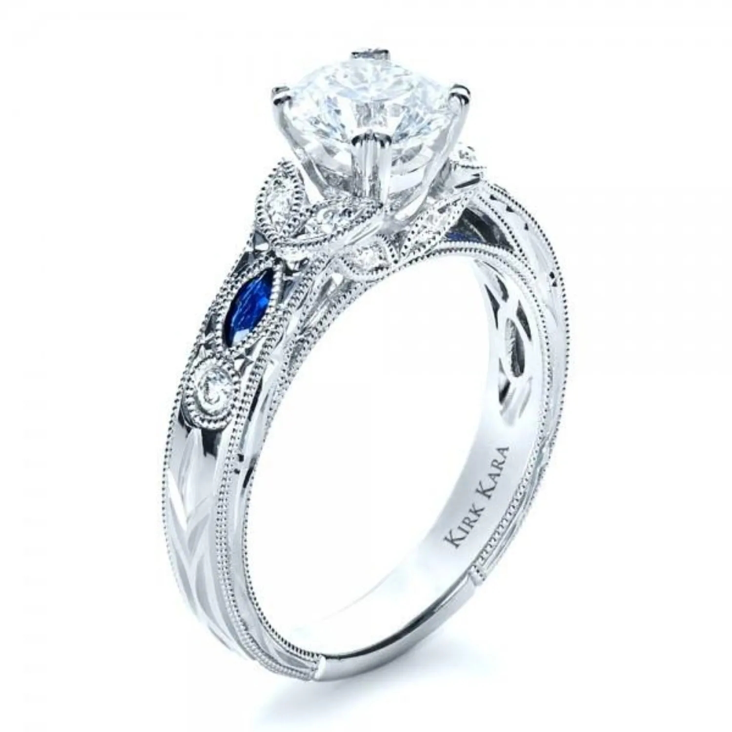 Kirk Kara "Dahlia" Marquise Shaped Blue Sapphire Diamond Engagement Ring