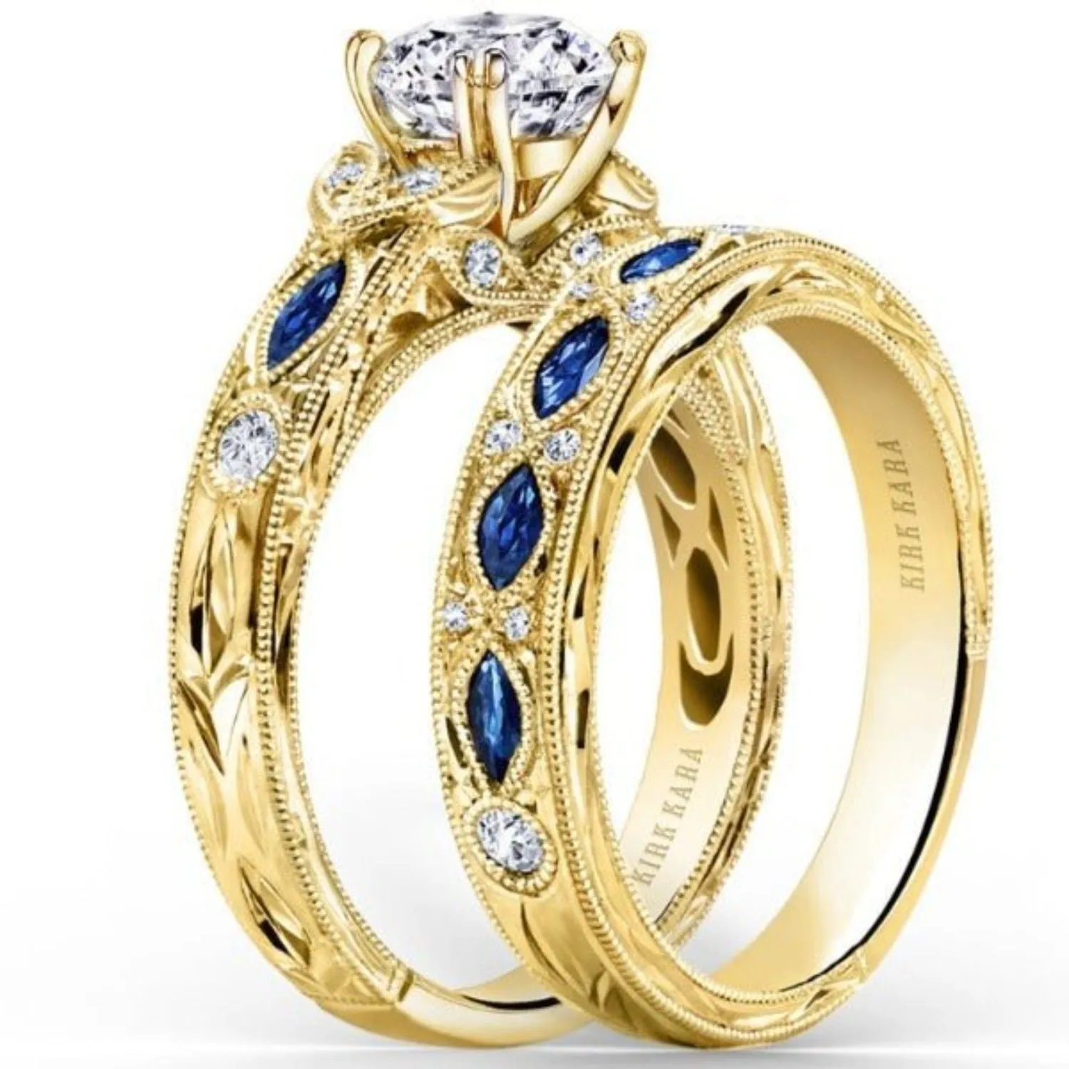 Kirk Kara "Dahlia" Marquise Shaped Blue Sapphire Diamond Engagement Ring