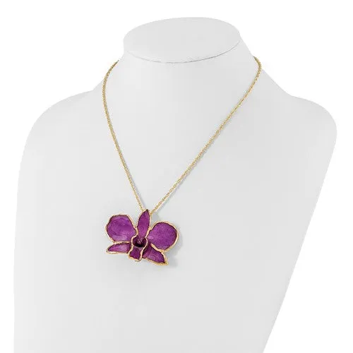 Lacquer Dipped 24k Gold Trimmed Purple Dendrobium Orchid 20" Necklace