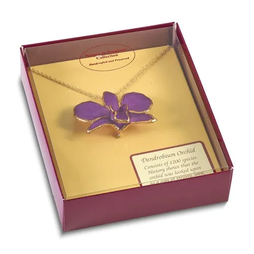 Lacquer Dipped 24k Gold Trimmed Purple Dendrobium Orchid 20" Necklace