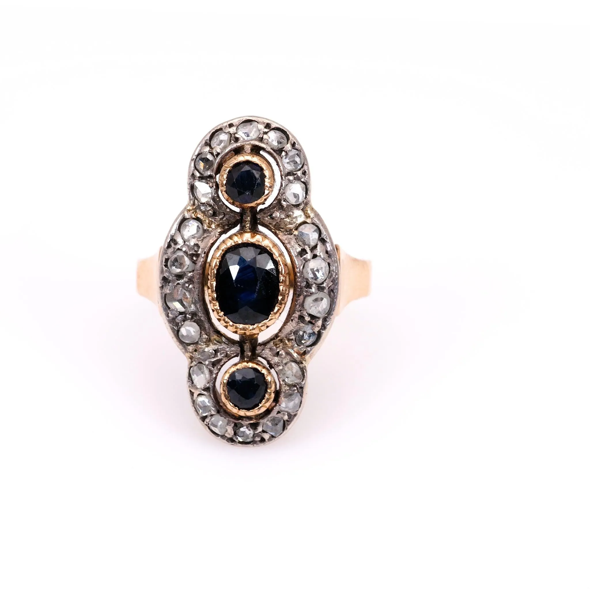 Late Victorian Sapphire Diamond 18k Yellow Gold Silver Navette Ring