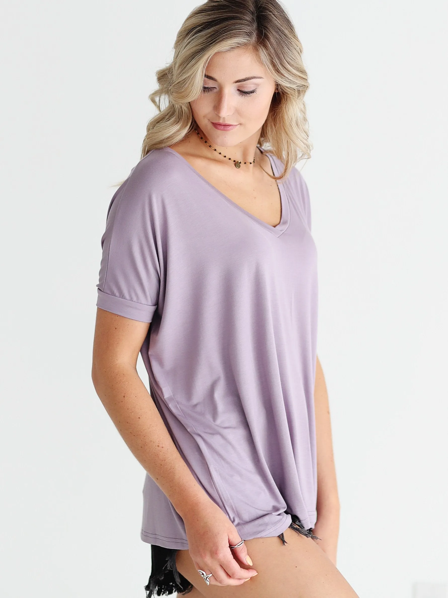 Light Purple V-Neck Short Sleeve Top